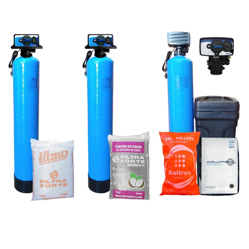 Bateria 3 Etapas 1.5 ft3 Filtración Básica Zeolita, Carbón y Suavizador Válvulas Automáticas, Tanques 10" x 54" NO ensamblada Bateria 3 Etapas 1.5 ft3 Filtración Básica Zeolita, Carbón y Suavizador Válvulas Automáticas, Tanques 10" x 54" NO ensamblada